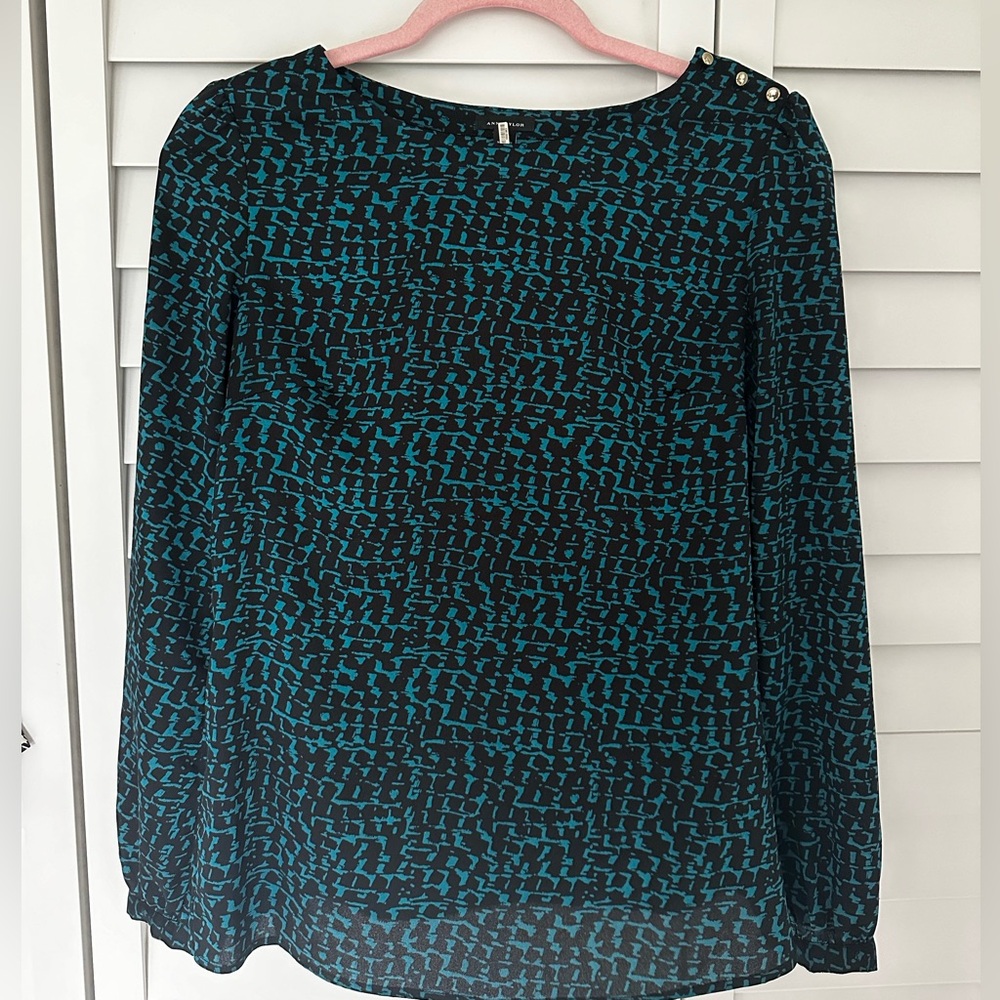 Ann Taylor Blouse Top Shirt Business Casual Patterned Teal Black SP Small Petite